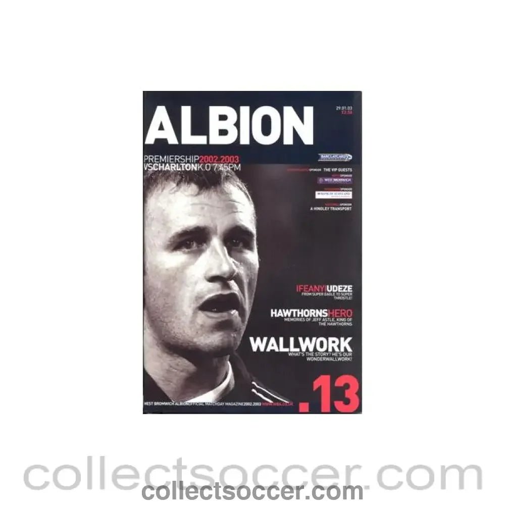 2003 - West Bromwich Albion v Charlton Athletic official programme 29/01/2003 Premier League - Collect Soccer