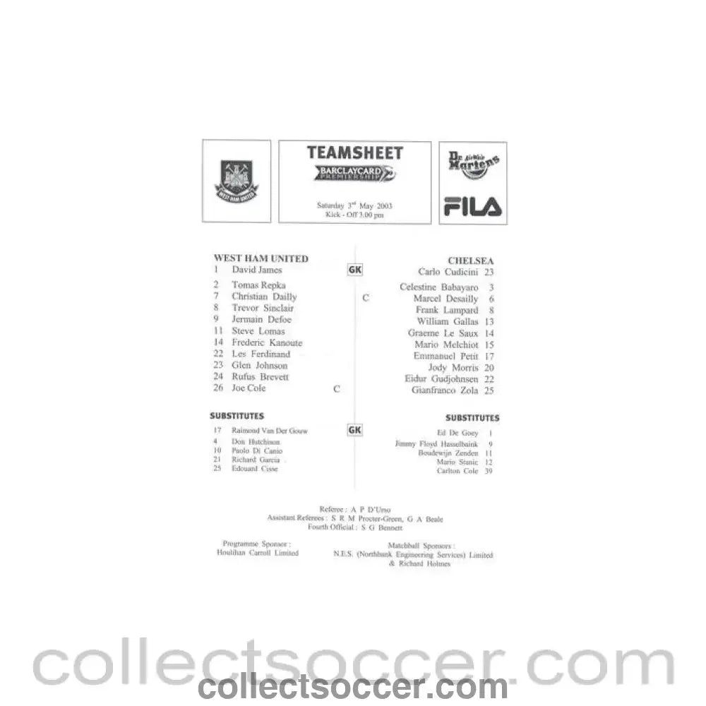 2003 - West Ham United v Chelsea official teamsheet 03/05/2003 Premier League - Collect Soccer