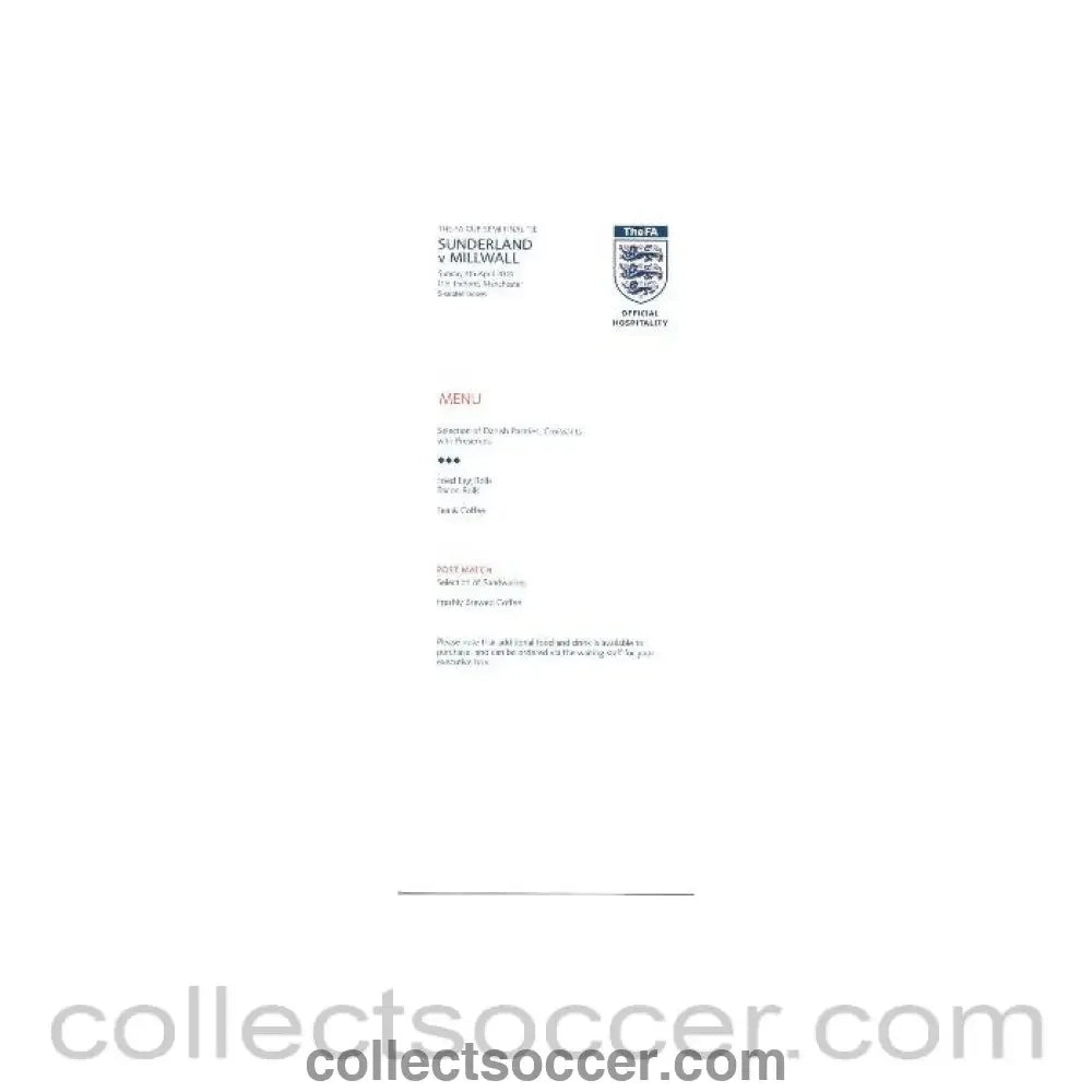 2004 - At Manchester United Sunderland v Millwall menu 04/04/2004 FA Cup Semi-Final Tie - Collect Soccer