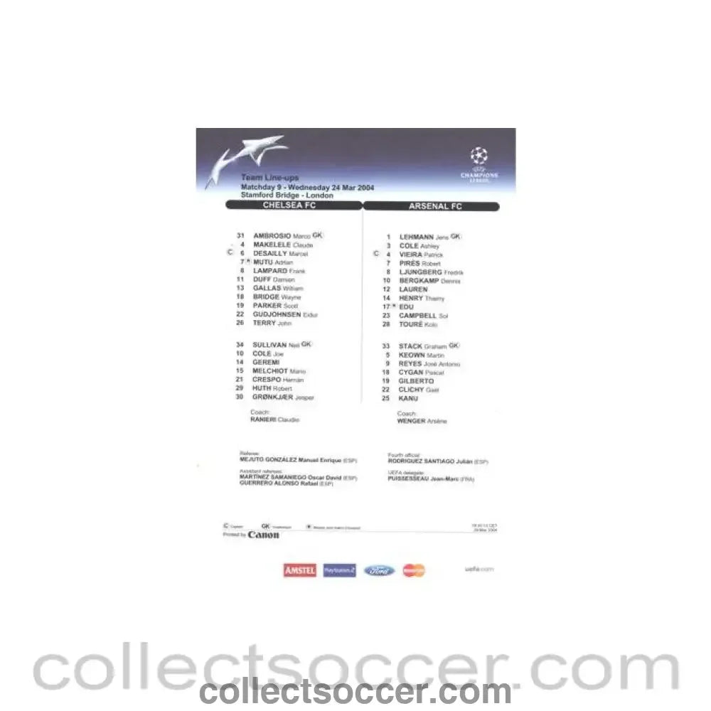 2004 - Chelsea v Arsenal official teamsheet 24/03/2004 Champions League - Collect Soccer