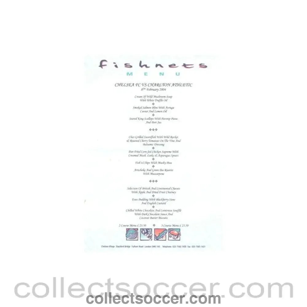 2004 - Chelsea v Charlton Athletic Fishnets menu 08/02/2004 Premier League - Collect Soccer