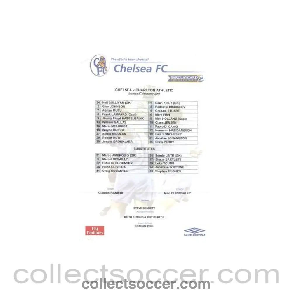 2004 - Chelsea v Charlton Athletic official colour teamsheet 08/02/2004 Premier League - Collect Soccer