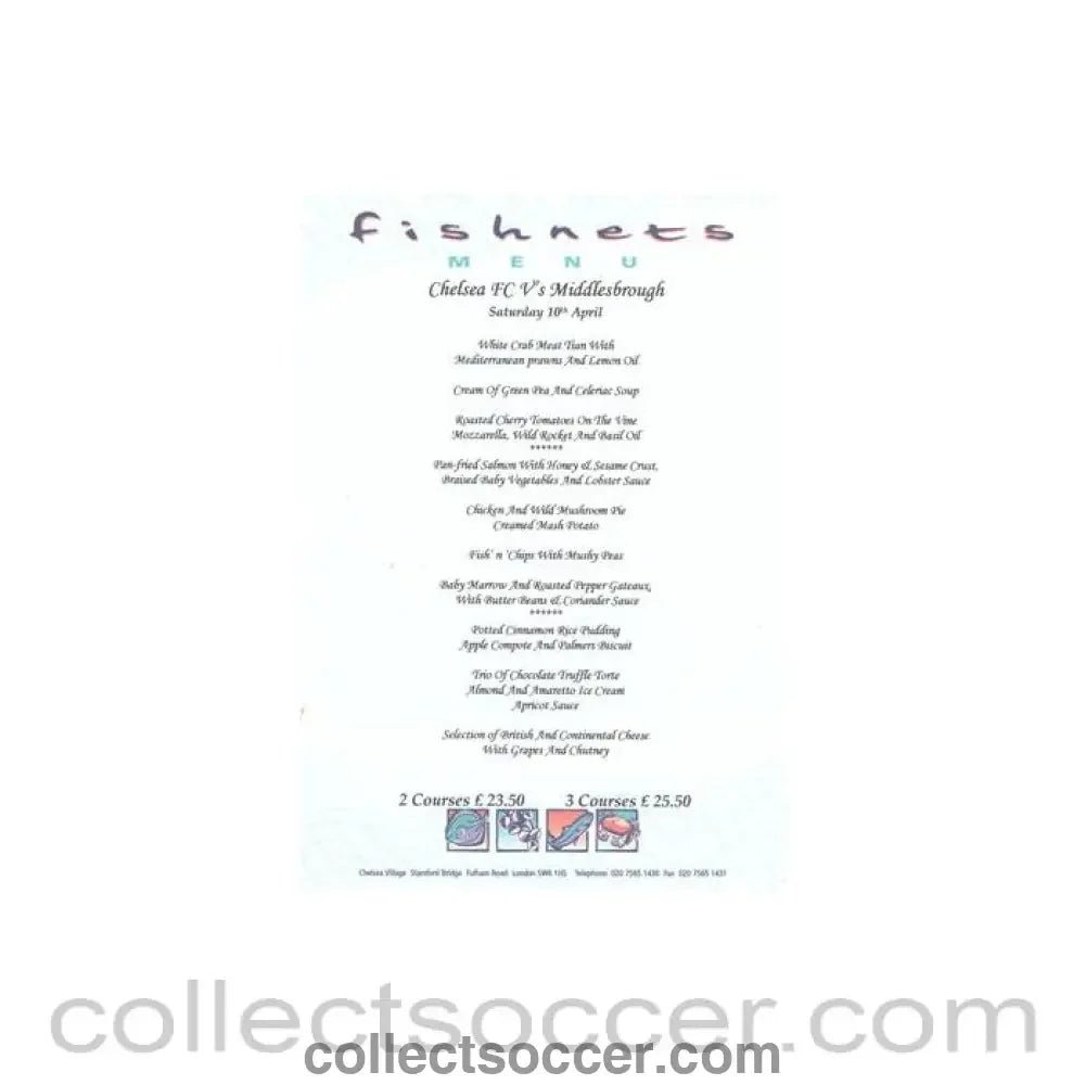 2004 - Chelsea v Middlesbrough Fishnets menu 10/04/2004 Premier League - Collect Soccer