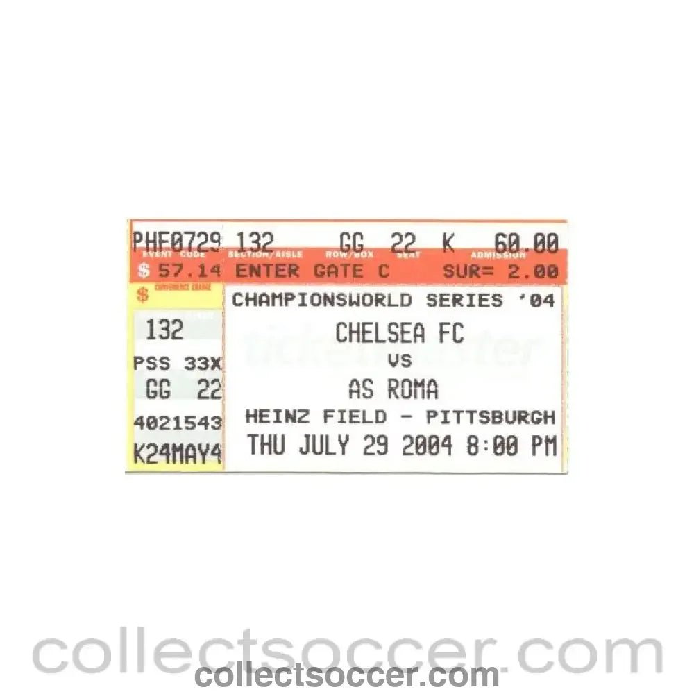 2004 - Chelsea v Roma ticket 29/07/2004 for a match played in Pittsburgh, Pennsylvania, USA - Collect Soccer