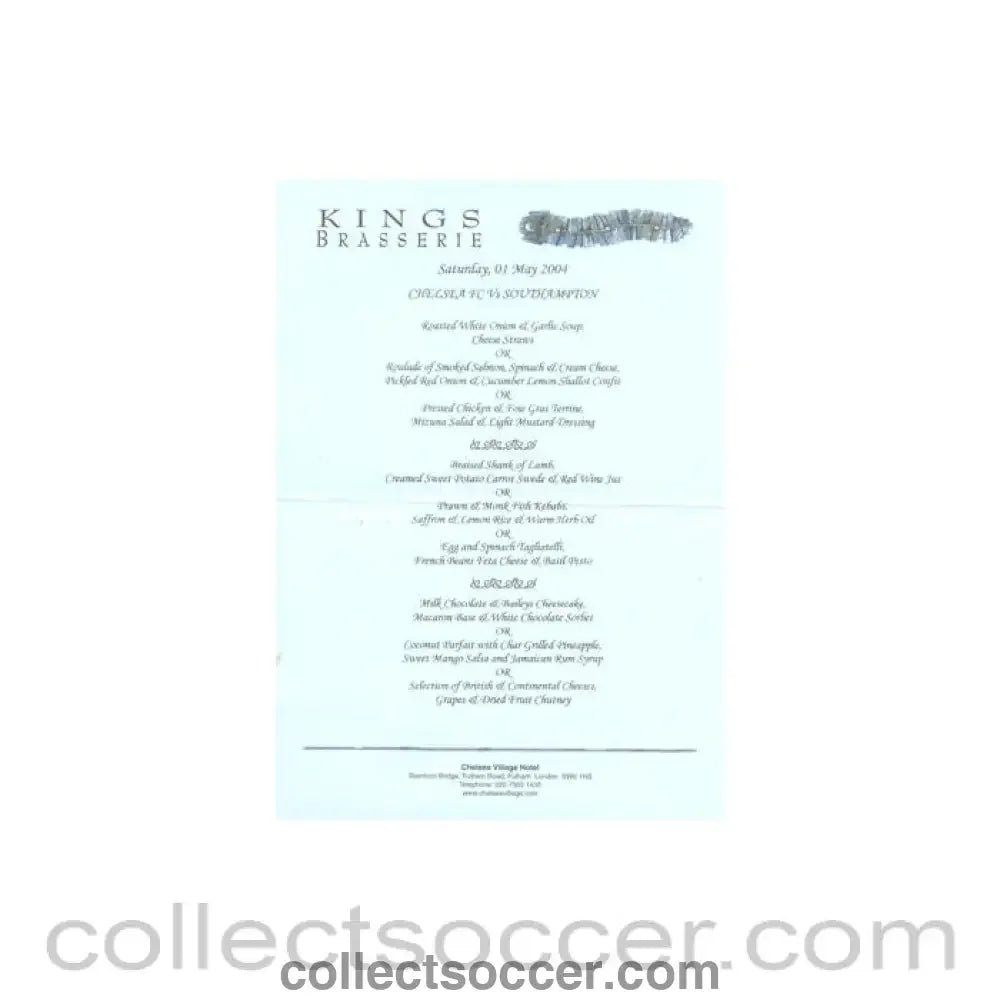 2004 - Chelsea v Southampton Kings Brasserie menu 01/05/2004 Premier League - Collect Soccer