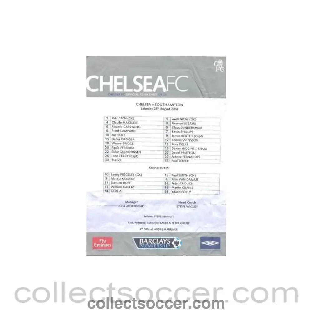 2004 - Chelsea v Southampton official colour teamsheet 28/08/2004 Premier League