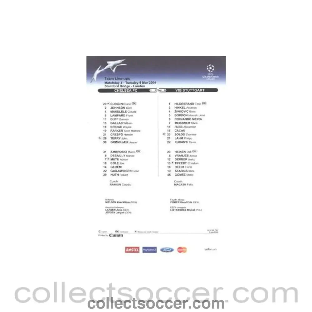 2004 - Chelsea v Stuttgart official colour teamsheet 09/03/2004 Champions League