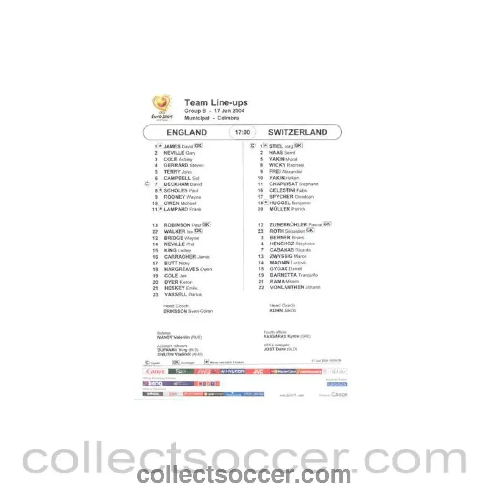 2004 - England v Switzerland teamsheet 17/06/2004 Euro 2004 - Collect Soccer