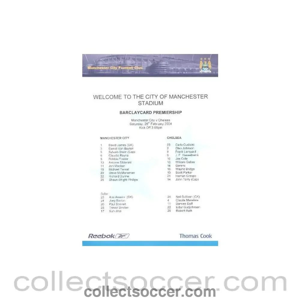 2004 - Manchester City v Chelsea official colour teamsheet 28/02/2004 - Collect Soccer