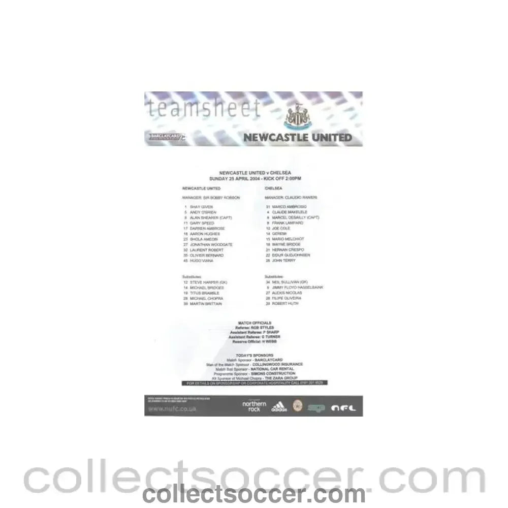 2004 - Newcastle United v Chelsea official colour teamsheet 25/04/2004 Premier League - Collect Soccer