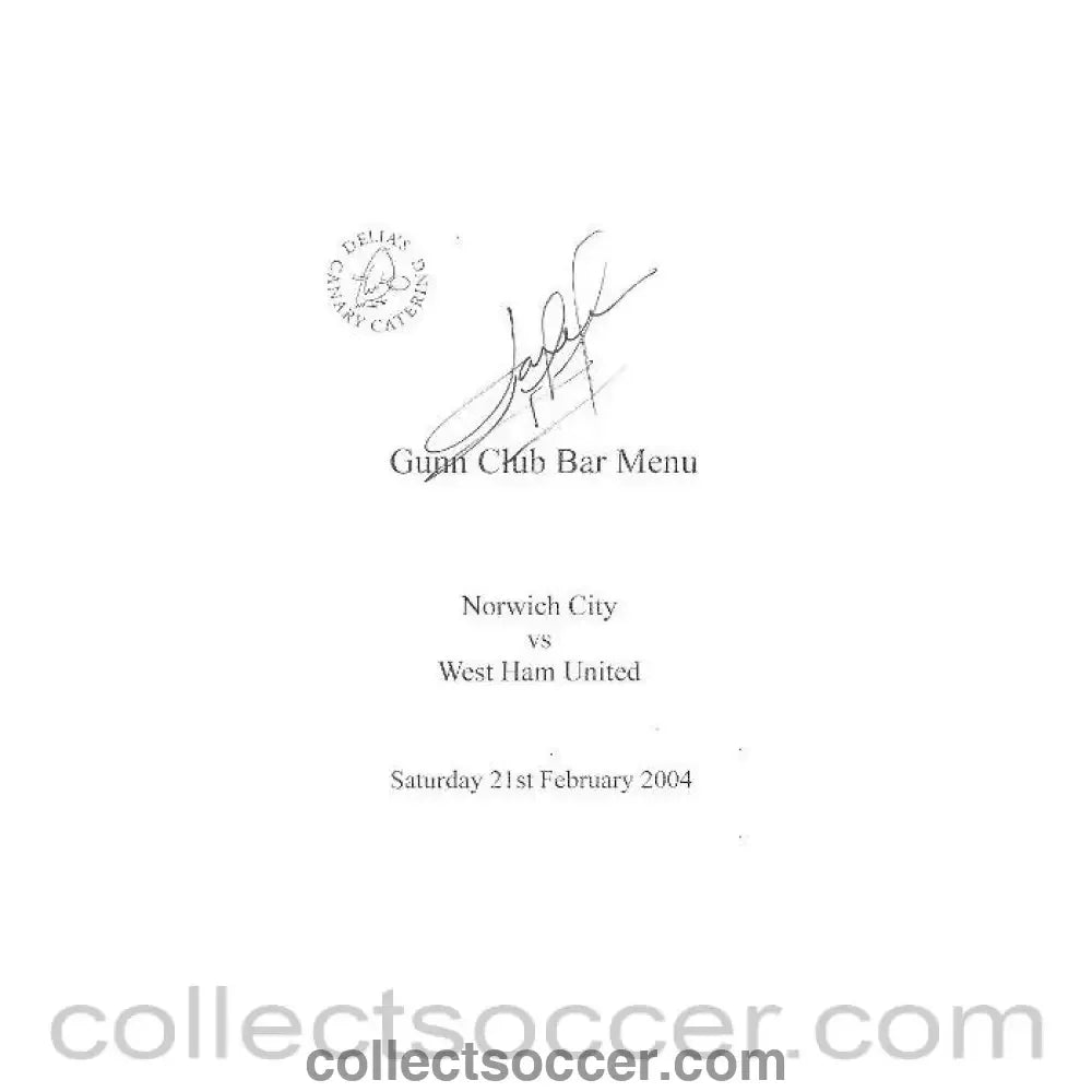 2004 - Norwich City v West Ham United signed menu 21/02/2004 - Collect Soccer