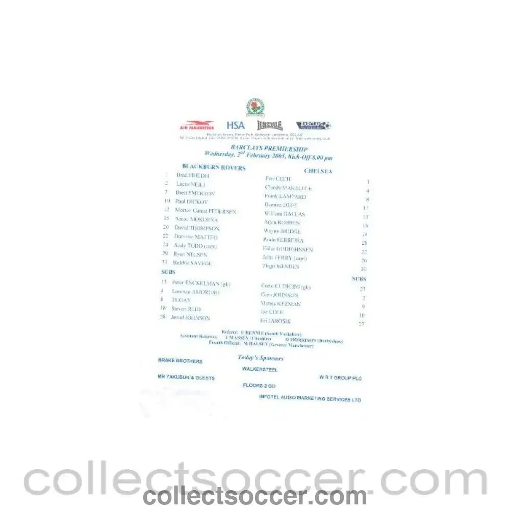 2005 - Blackburn Rovers v Chelsea teamsheet 02/02/2005 - Collect Soccer