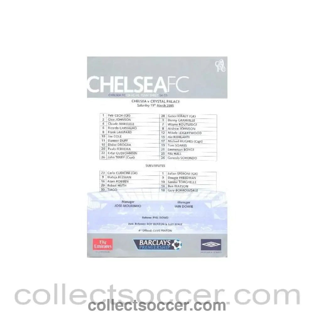 2005 - Chelsea v Crystal Palace official teamsheet 19/03/2005 - Collect Soccer