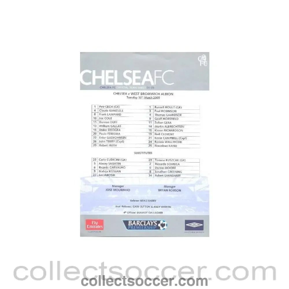 2005 - Chelsea v West Bromwich Albion official teamsheet 15/03/2005 - Collect Soccer