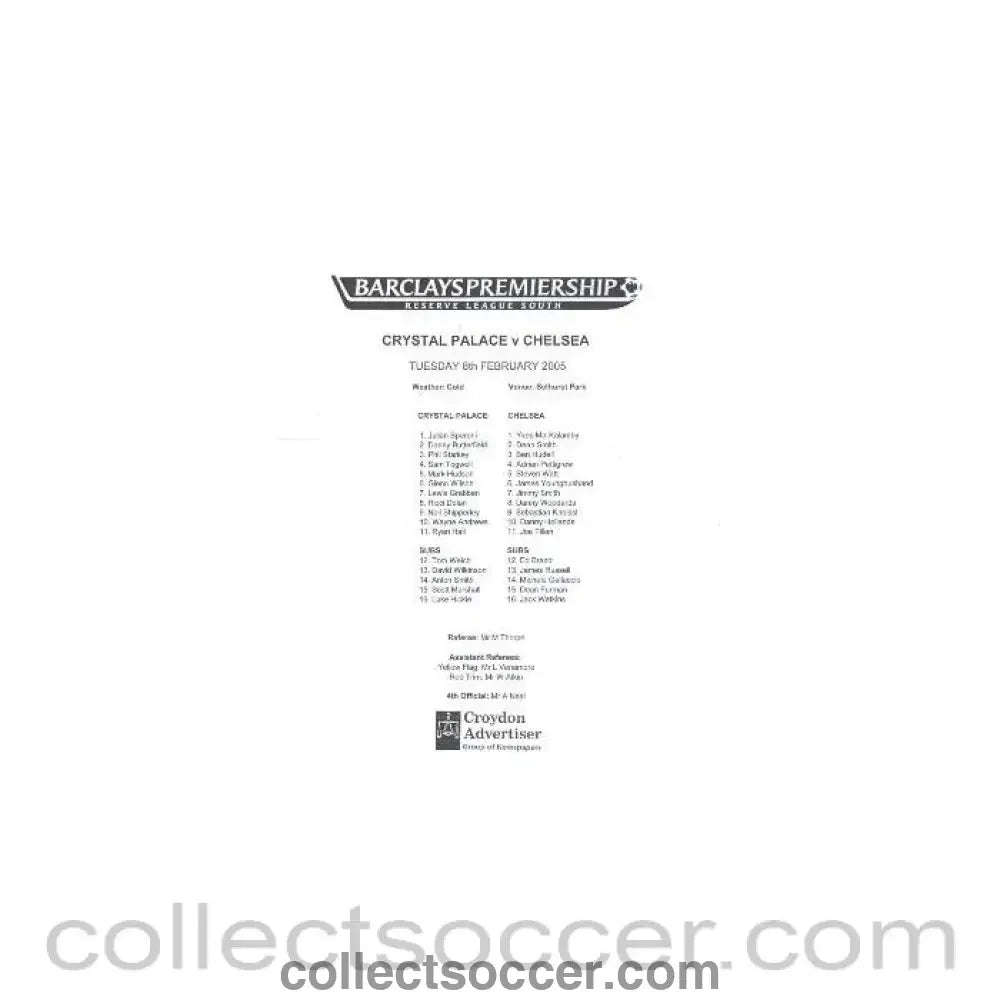 2005 - Crystal Palace v Chelsea official teamsheet 08/02/2005 - Collect Soccer