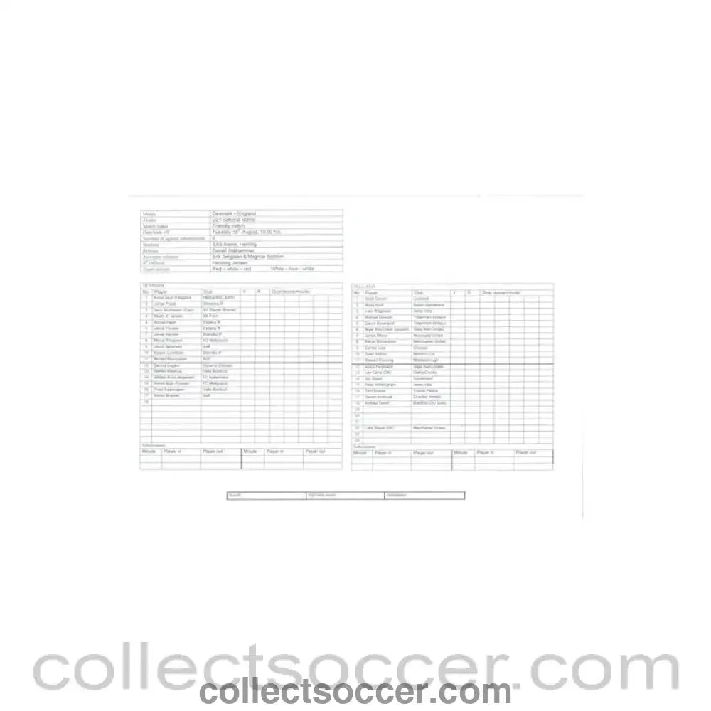 2005 - Denmark v England official teamsheet 16/08/2005 U21 Friendly Match