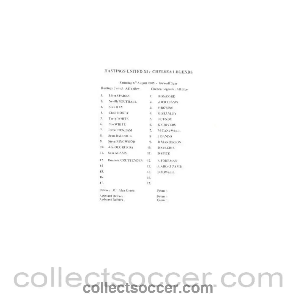 2005 - Hastings United XI v Chelsea Legends teamsheet 06/08/2005