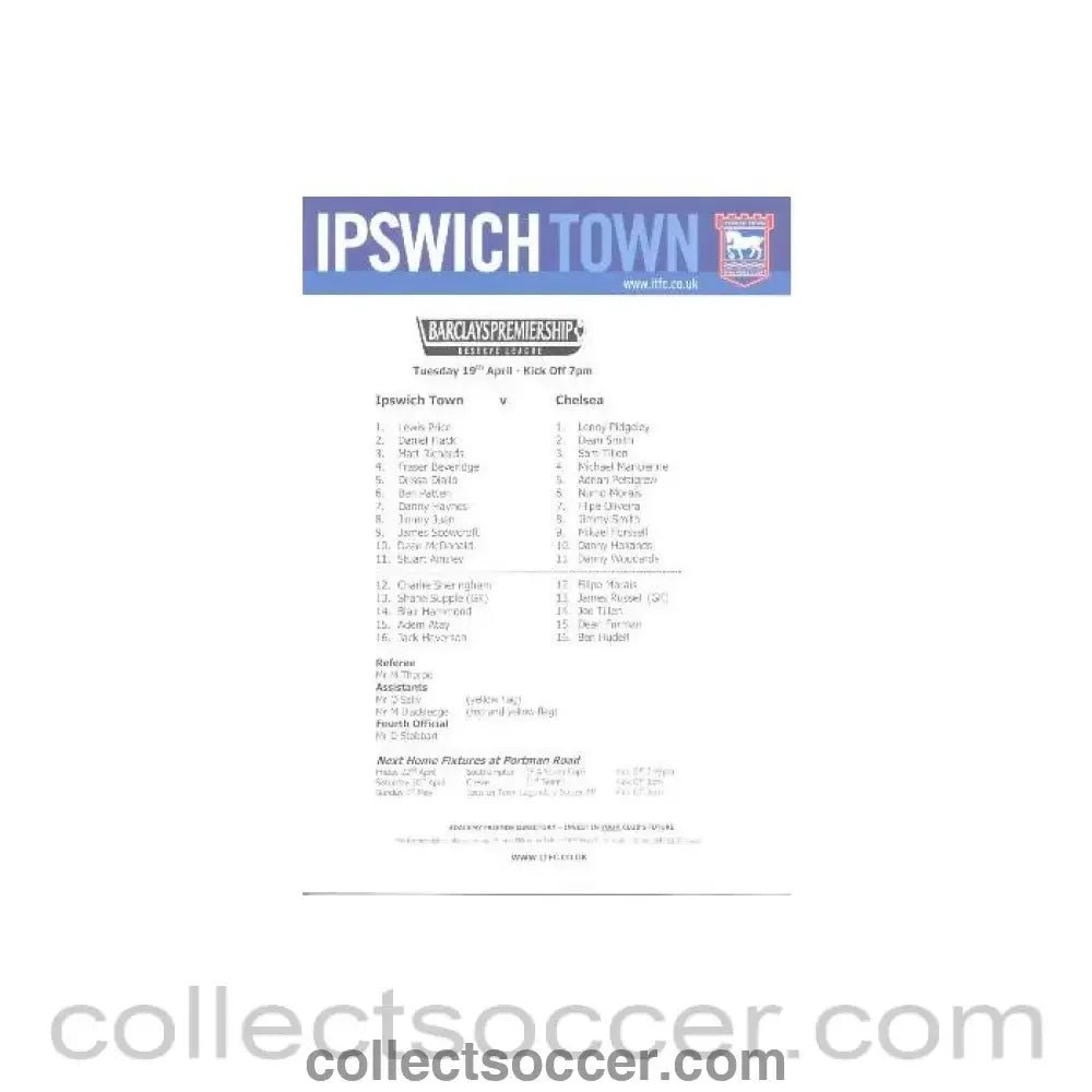 2005 - Ipswich Town v Chelsea teamsheet 19/04/2005 - Collect Soccer