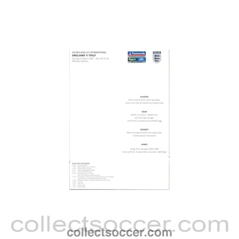 2007 - England U21 v Italy U21 Menu 24/03/2007, first match on Wembley Stadium - Collect Soccer