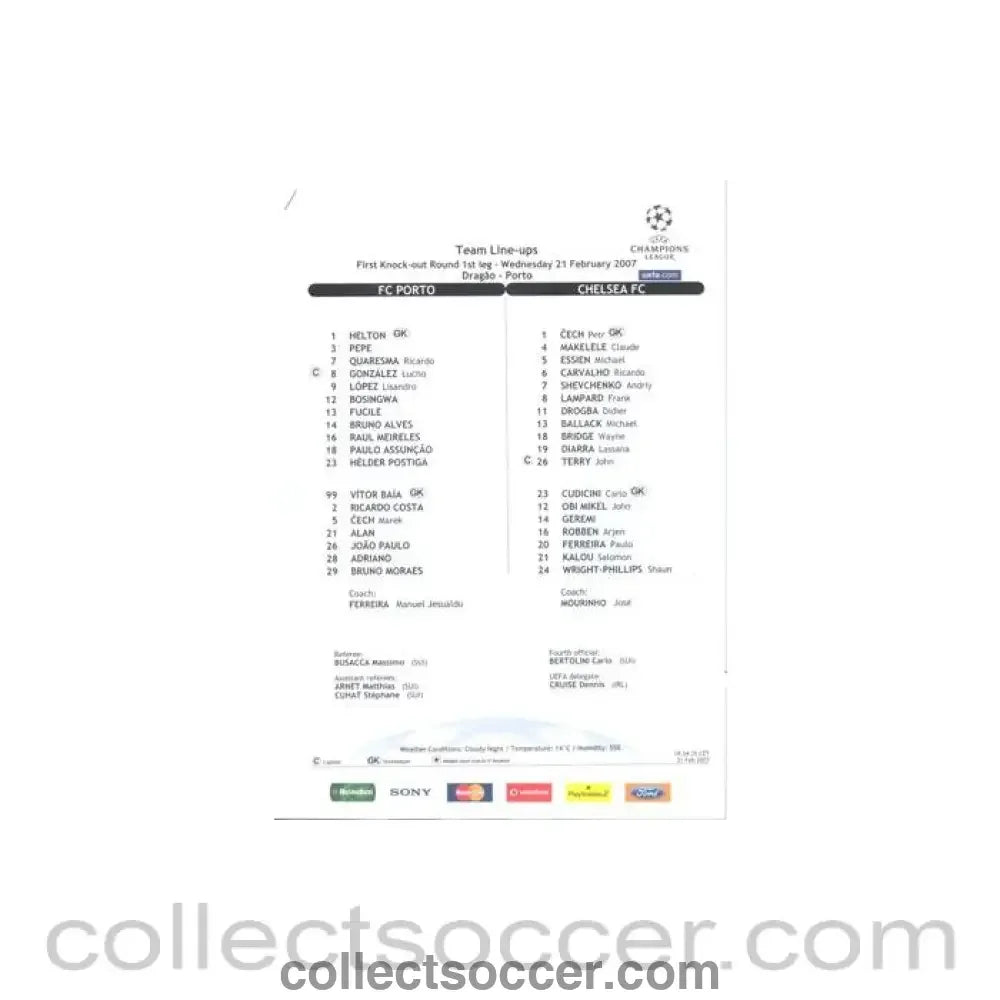 2007 - Porto v Chelsea Line-Ups 21/02/2007 Champions League