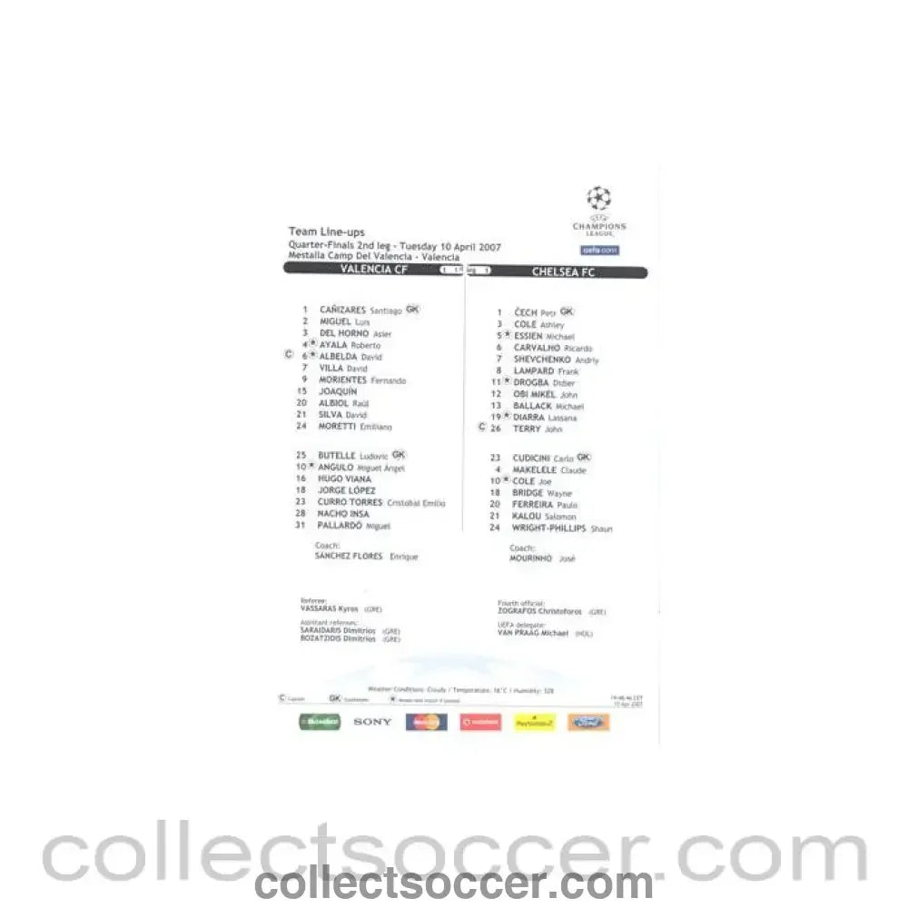 2007 - Valencia v Chelsea official teamsheet 10/04/2007 Champions League - Collect Soccer