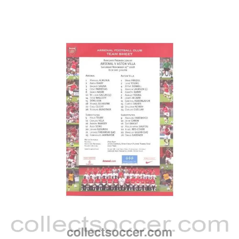2008 - Arsenal v Aston Villa colour printed teamsheet 15/11/2008 Premier League - Collect Soccer
