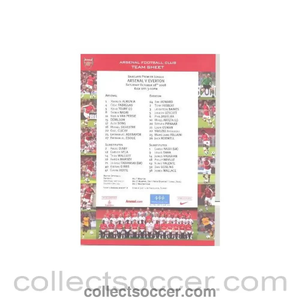 2008 - Arsenal v Everton colour printed teamsheet 18/10/2008 Premier League - Collect Soccer