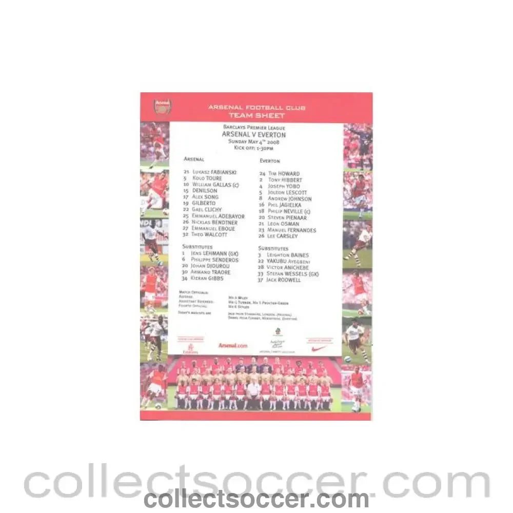 2008 - Arsenal v Everton official colour teamsheet 04/05/2008 Premier League - Collect Soccer