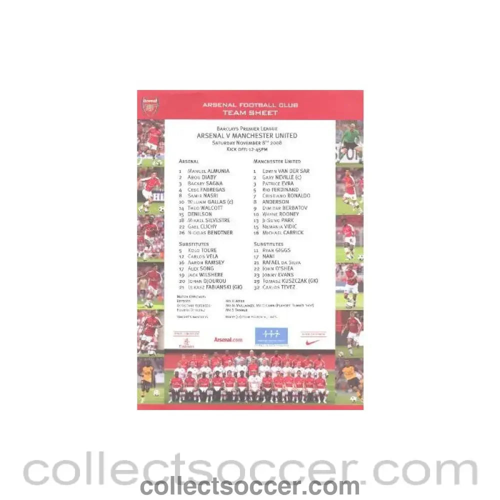 2008 - Arsenal v Manchester United colour printed teamsheet 08/11/2008 Premier League