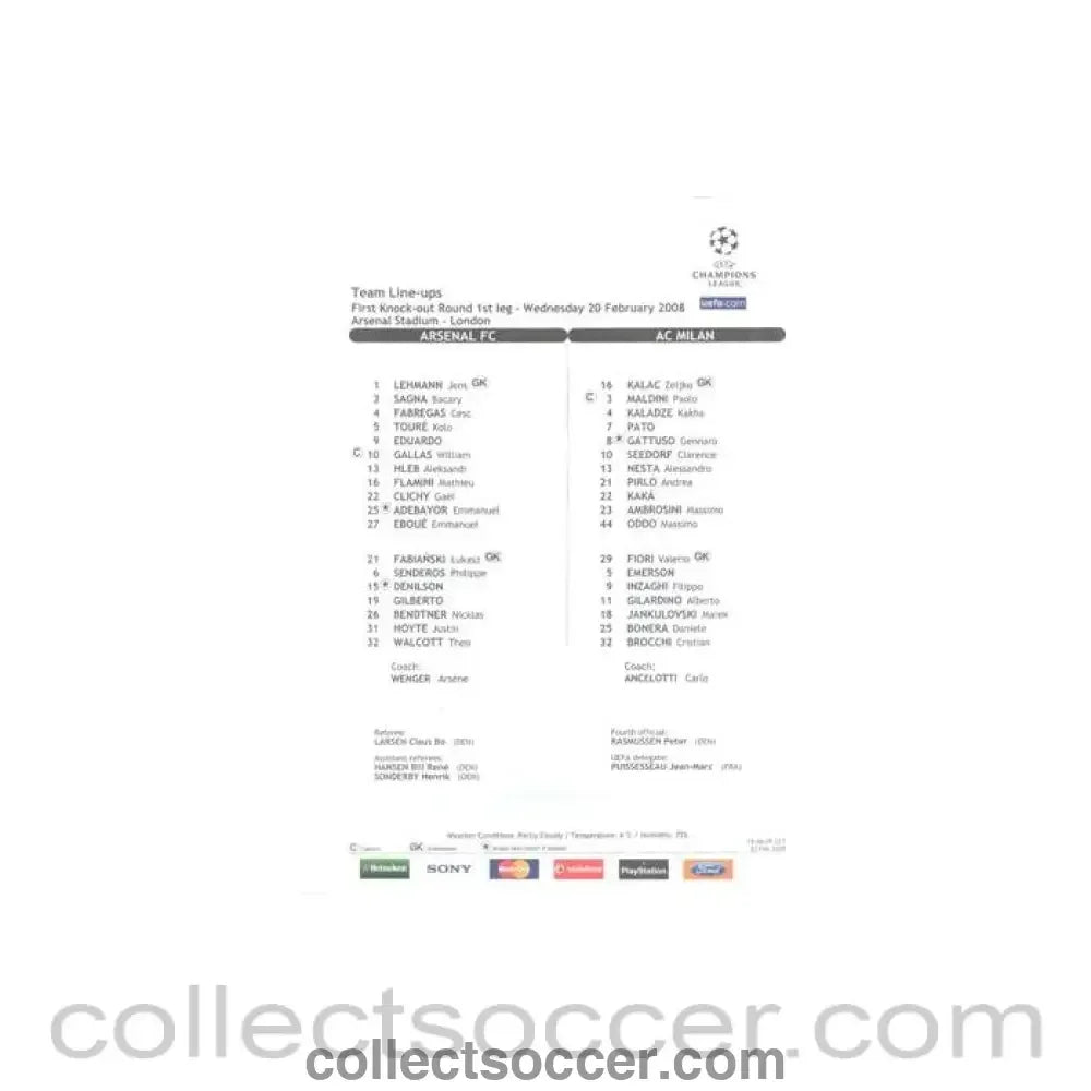 2008 - Arsenal v Milan line-ups 20/02/2008 Champions League