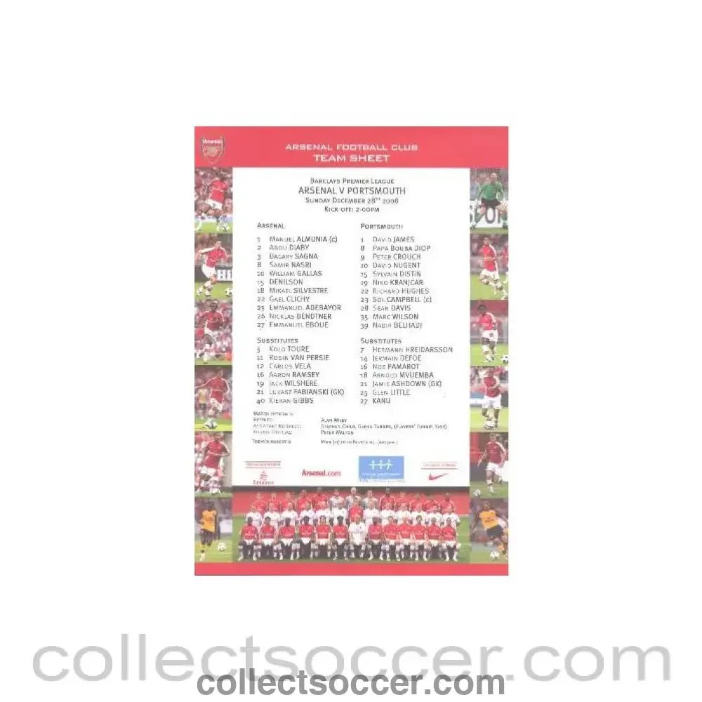 2008 - Arsenal v Portsmouth official colour printed teamsheet 28/12/2008 - Collect Soccer