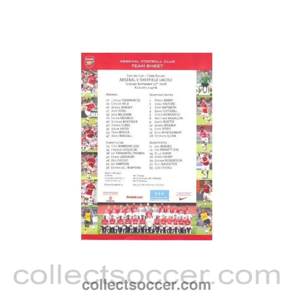2008 - Arsenal v Sheffield United colour printed teamsheet 23/09/2008 - Collect Soccer