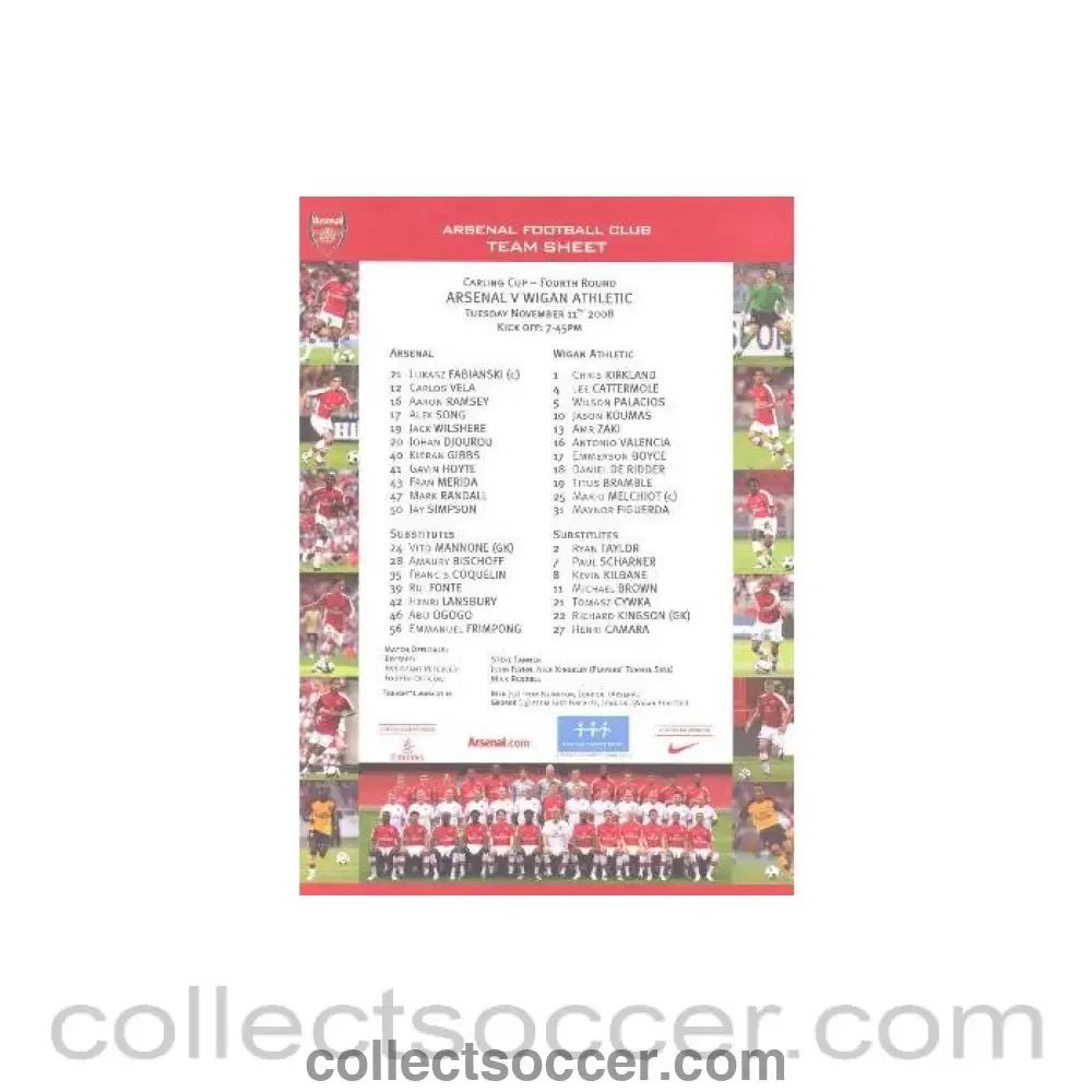 2008 - Arsenal v Wigan Athletic colour printed teamsheet 11/11/2008 - Collect Soccer
