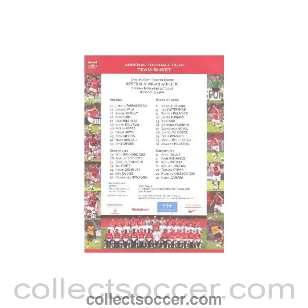 2008 - Arsenal v Wigan Athletic colour printed teamsheet 11/11/2008