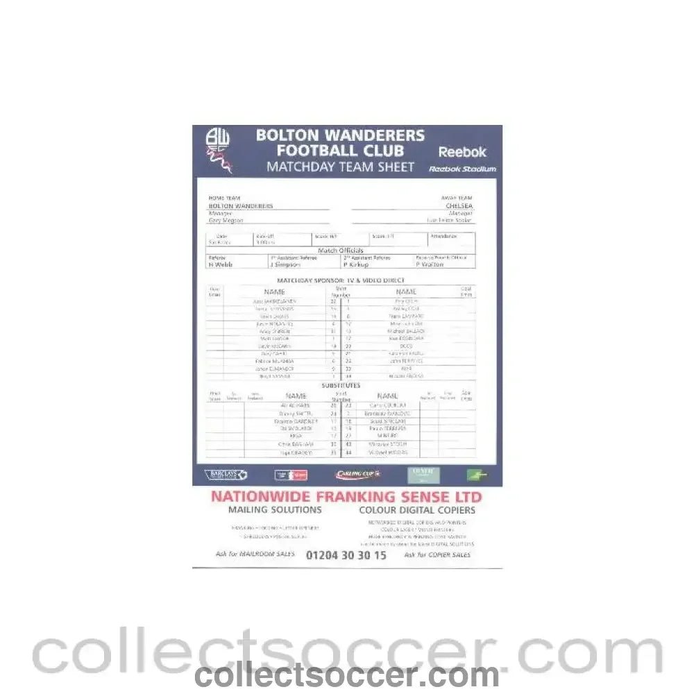2008 - Bolton Wanderers v Chelsea official colour printed teamsheet 06/12/2008 - Collect Soccer