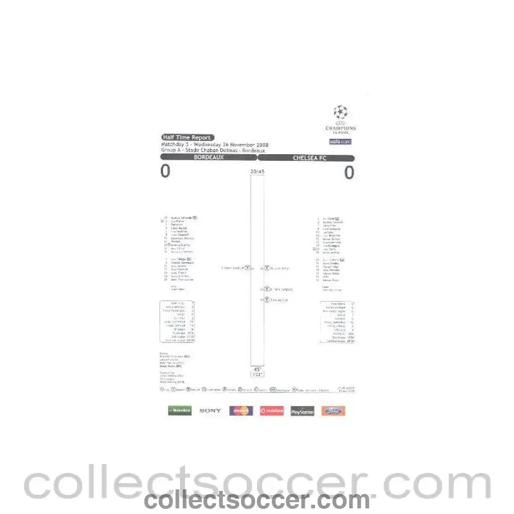 2008 - Bordeaux v Chelsea Official Line Up and Final Statistics Team Sheets - Half Time Report 26/11/2008 - Collect Soccer