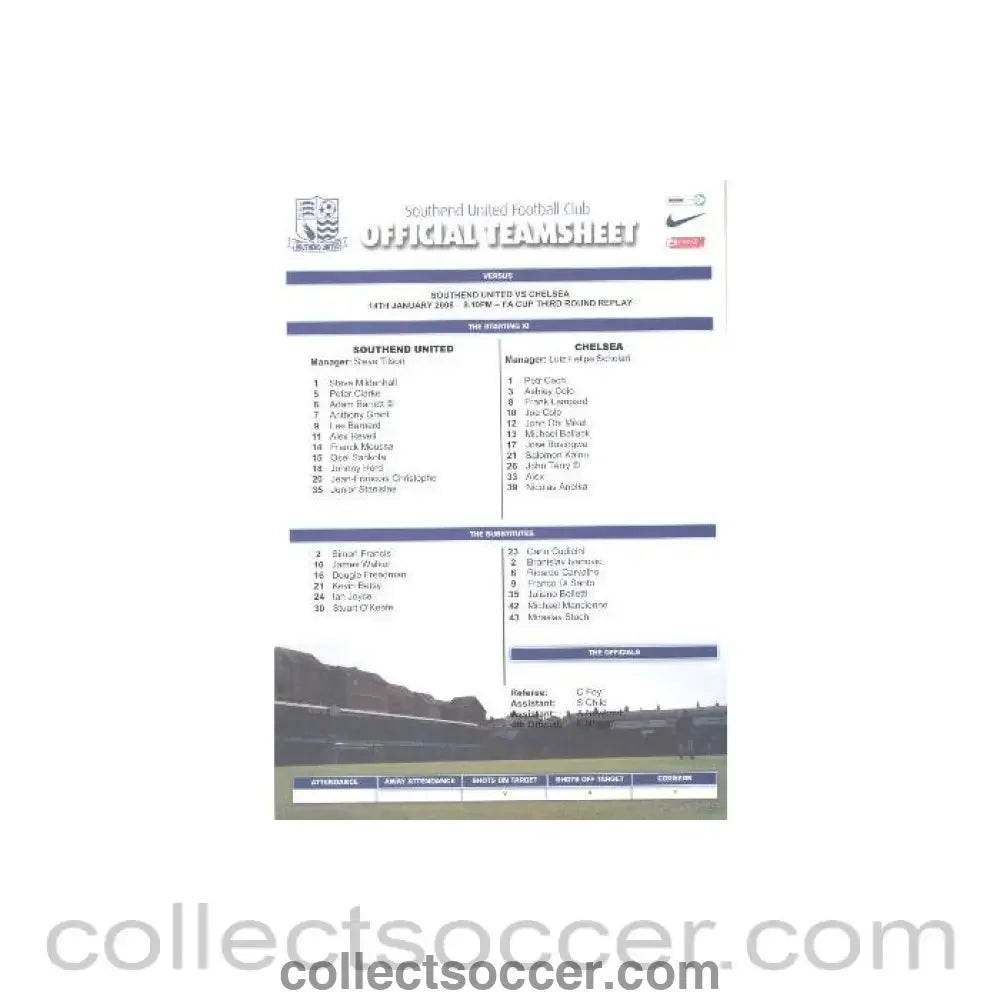 2008 - Southend United v Chelsea official colour printed teamsheet 14/01/2008