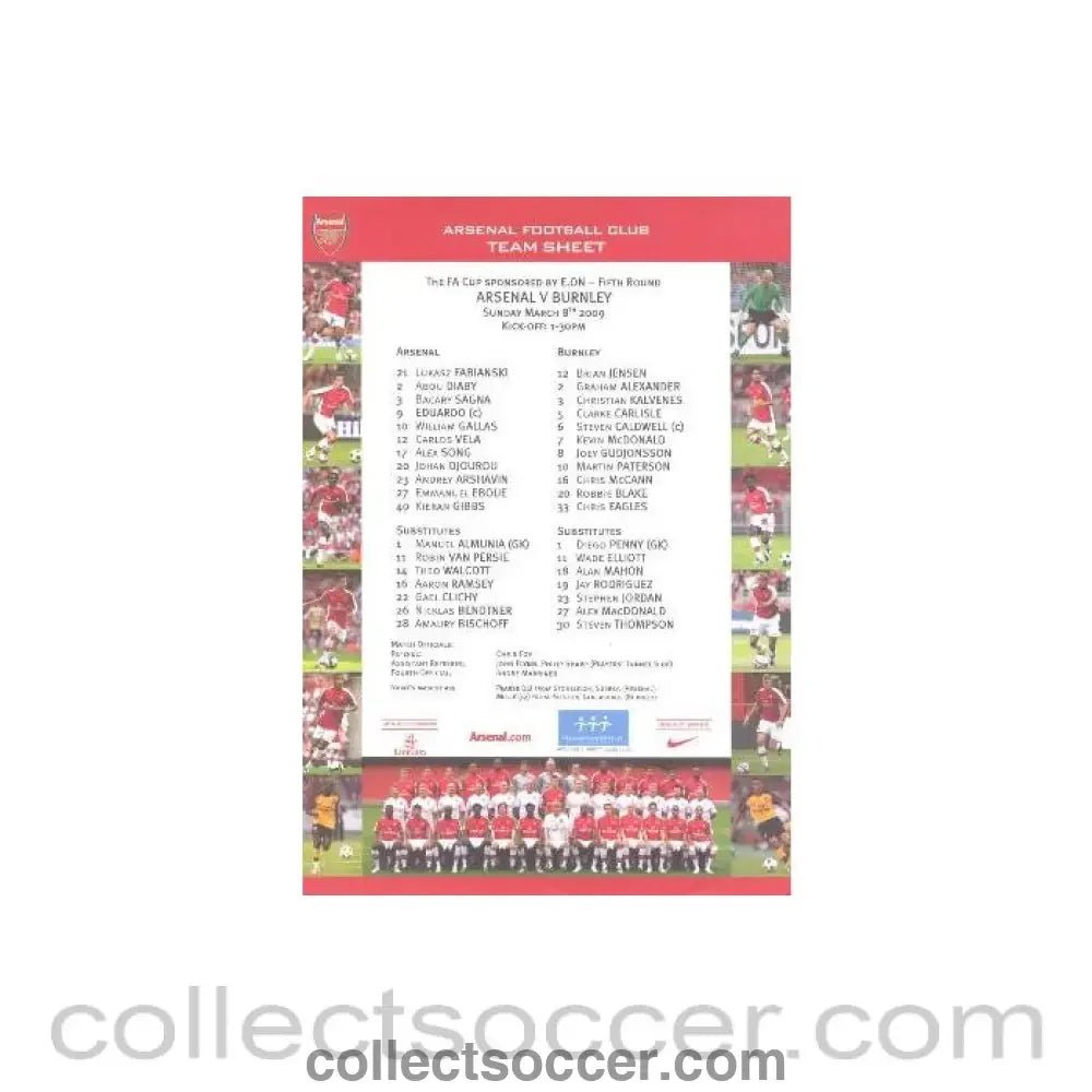 2009 - Arsenal v Burnley official colour printed teamsheet 08/03/2009 - Collect Soccer