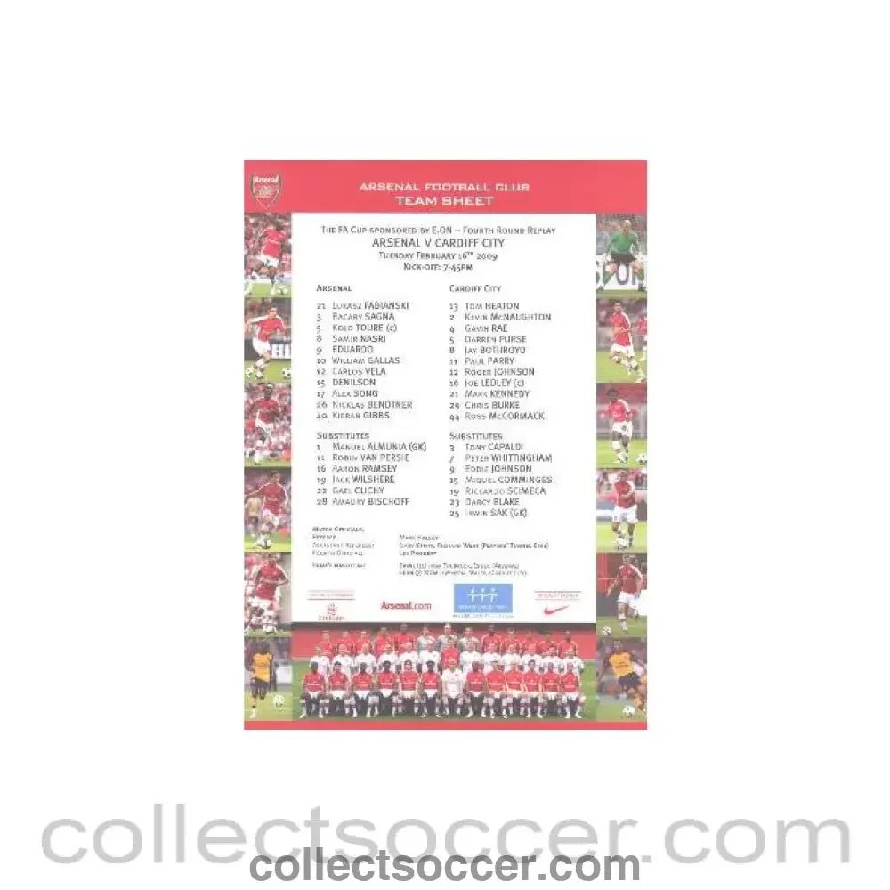 2009 - Arsenal v Cardiff City official colour printed teamsheet 16/02/2009 - Collect Soccer