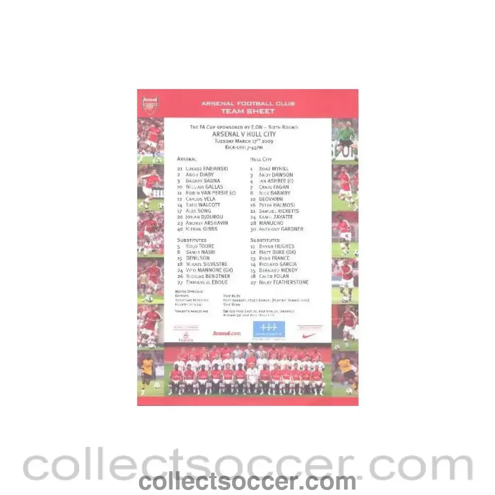 2009 - Arsenal v Hull City official colour printed teamsheet 17/03/2009