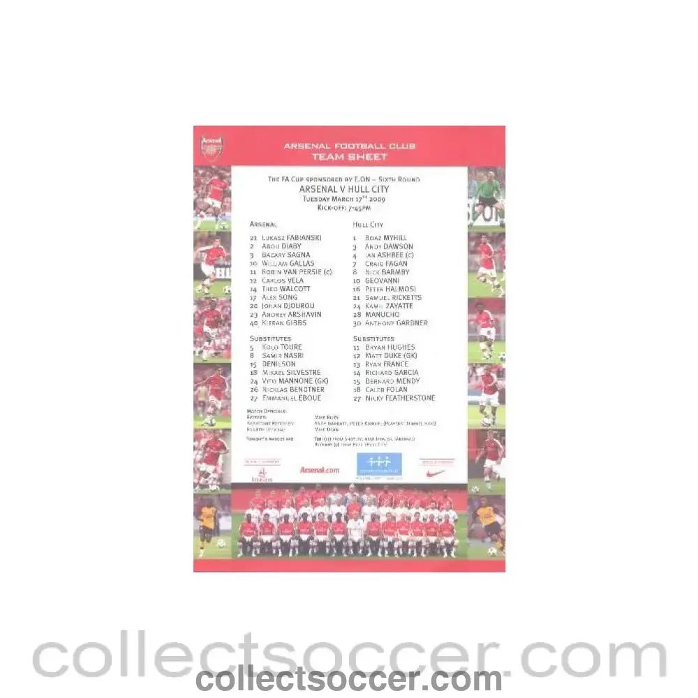 2009 - Arsenal v Hull City official colour printed teamsheet 17/03/2009 - Collect Soccer