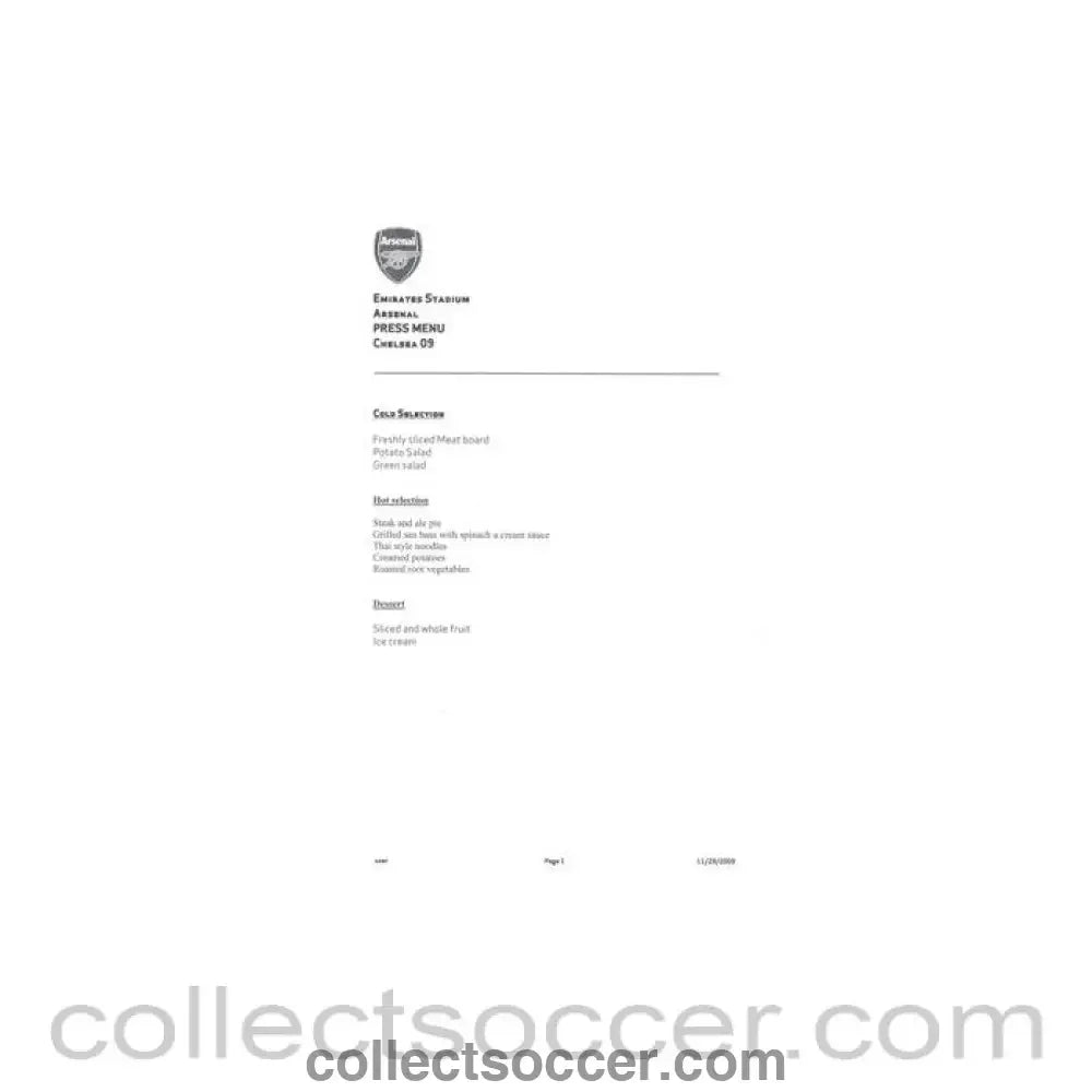2009 - Arsenal v Liverpool press menu 28/10/2009 Carling Cup - Collect Soccer