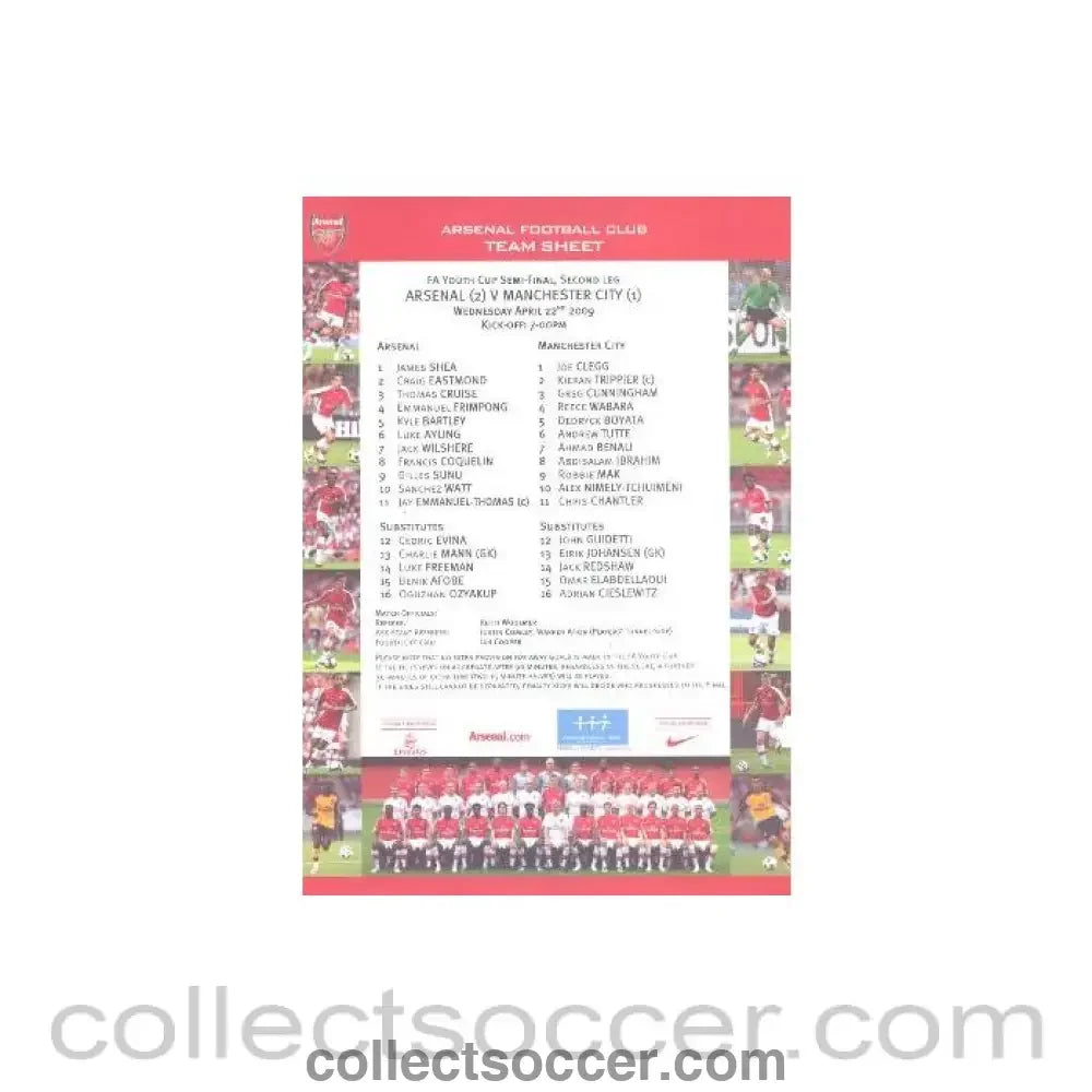 2009 - Arsenal v Manchester City official colour printed teamsheet 22/04/2009