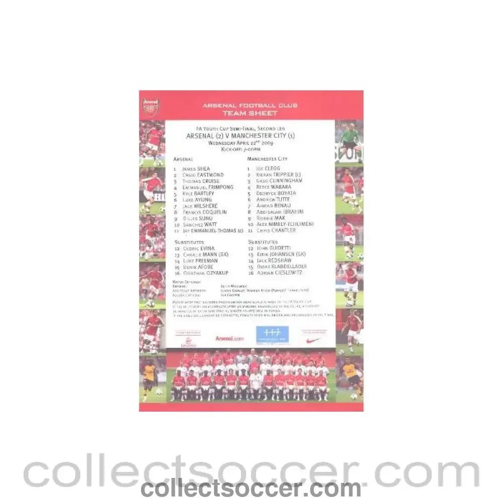 2009 - Arsenal v Manchester City official colour printed teamsheet 22/04/2009 - Collect Soccer