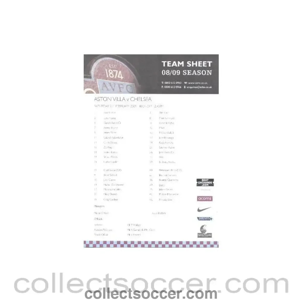 2009 - Aston Villa v Chelsea official colour printed teamsheet 21/02/2009 - Collect Soccer