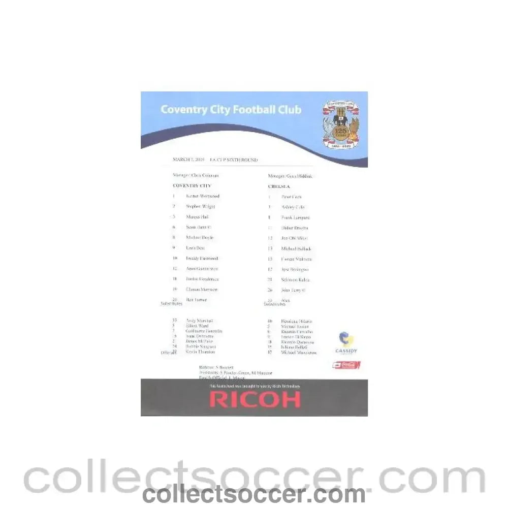 2009 - Coventry City v Chelsea colour teamsheet 07/03/2009 FA Cup