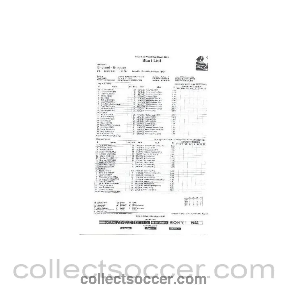 2009 England v Uruguay FIFA U20 World Cup in Egypt 26/09/2009 press start list - Collect Soccer