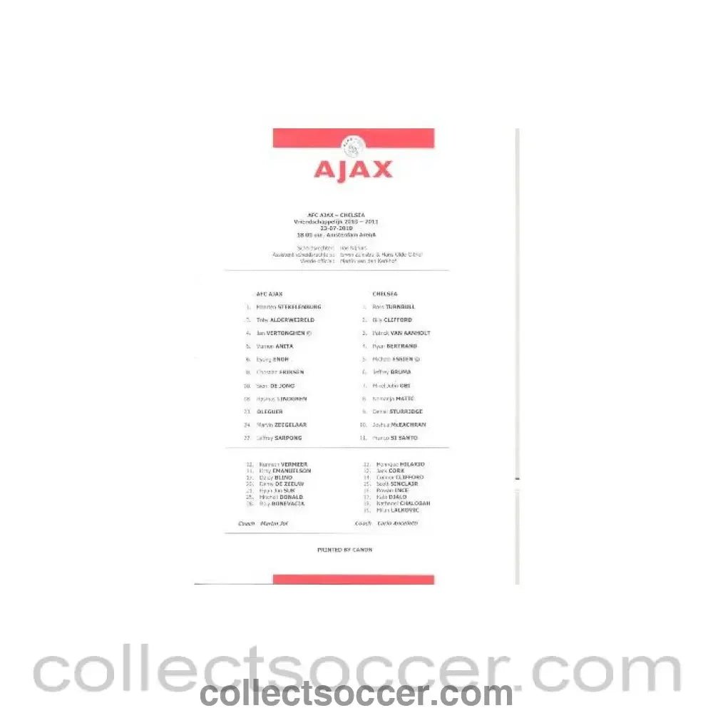 2010 - Ajax V Chelsea Official Teamsheet 23/07/2010 VIP Restaurant Issue - Collect Soccer