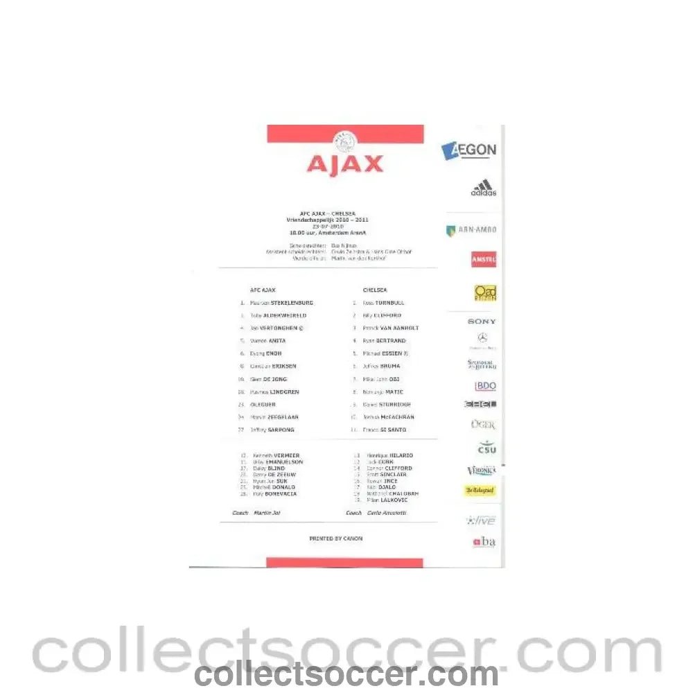 2010 - Ajax V Chelsea Teamsheet 23/07/2010 Official Directors Issue - Collect Soccer