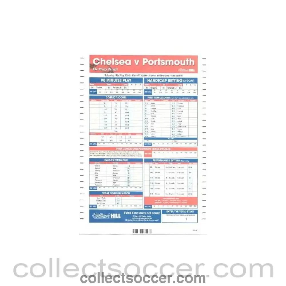 2010 F.A. Cup Final Chelsea v Portsmouth 15/05/2010 William Hill betting slip - Collect Soccer